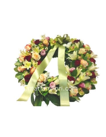 Corona funebre tonalità verde/rosa